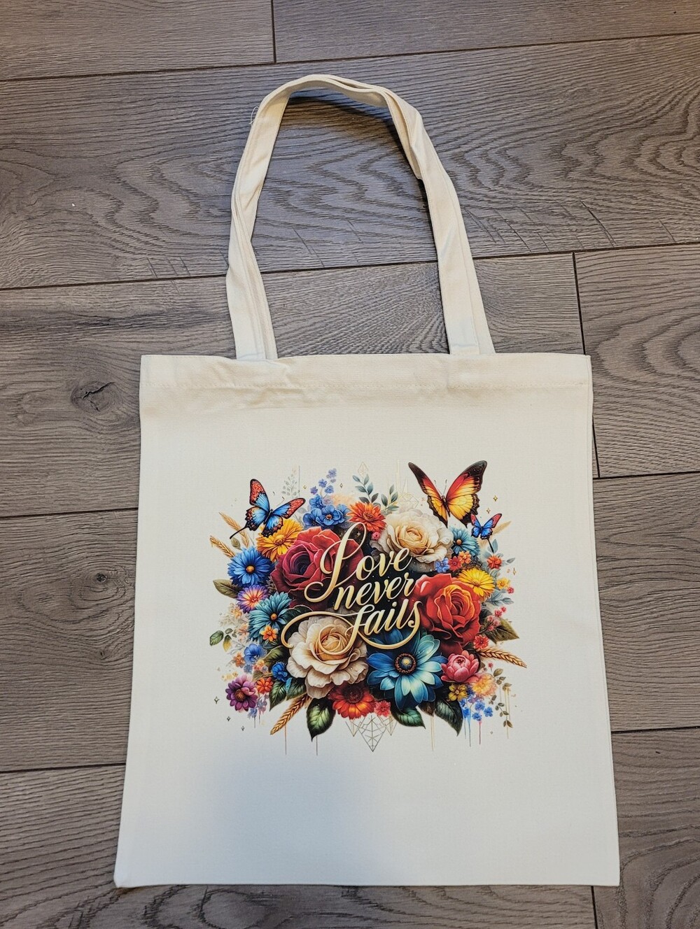 Custom Floral and Butterflies Canvas Tote Bag 'Love Never Fails' Quote
